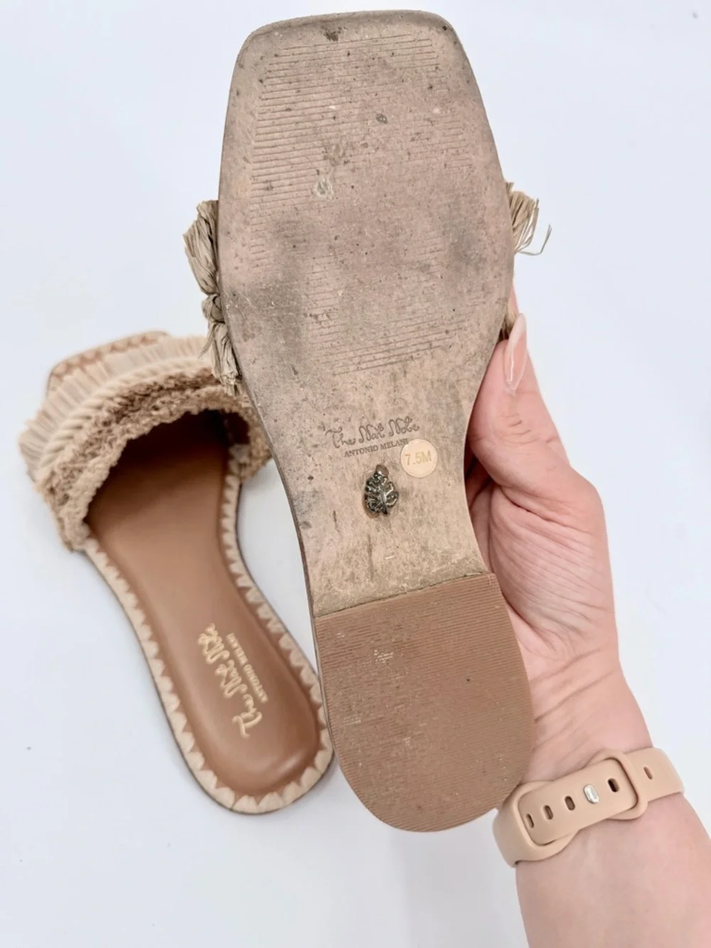 ANTONIO MELANI X THE NAT NOTE Madruga Raffia Fringe Flat Slide Sandals Natural